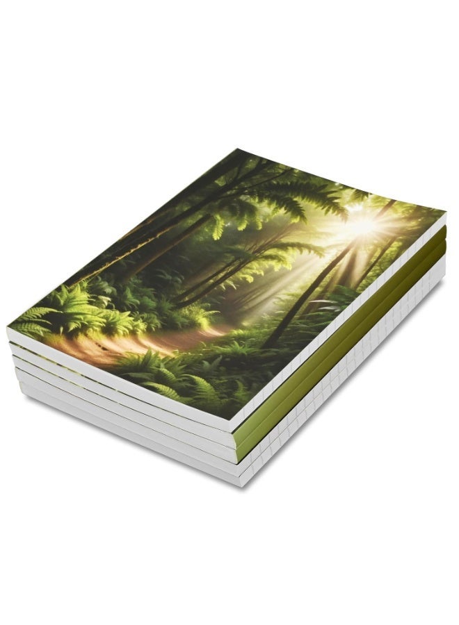 FIS® Soft Cover Notebook, A5 Size(148x210mm), 96 Sheets, Single Line Ruling, White Paper, Packet of 5 Pieces, Green Forest Cover Design 3-FSNBSCA596D3 - Image 1